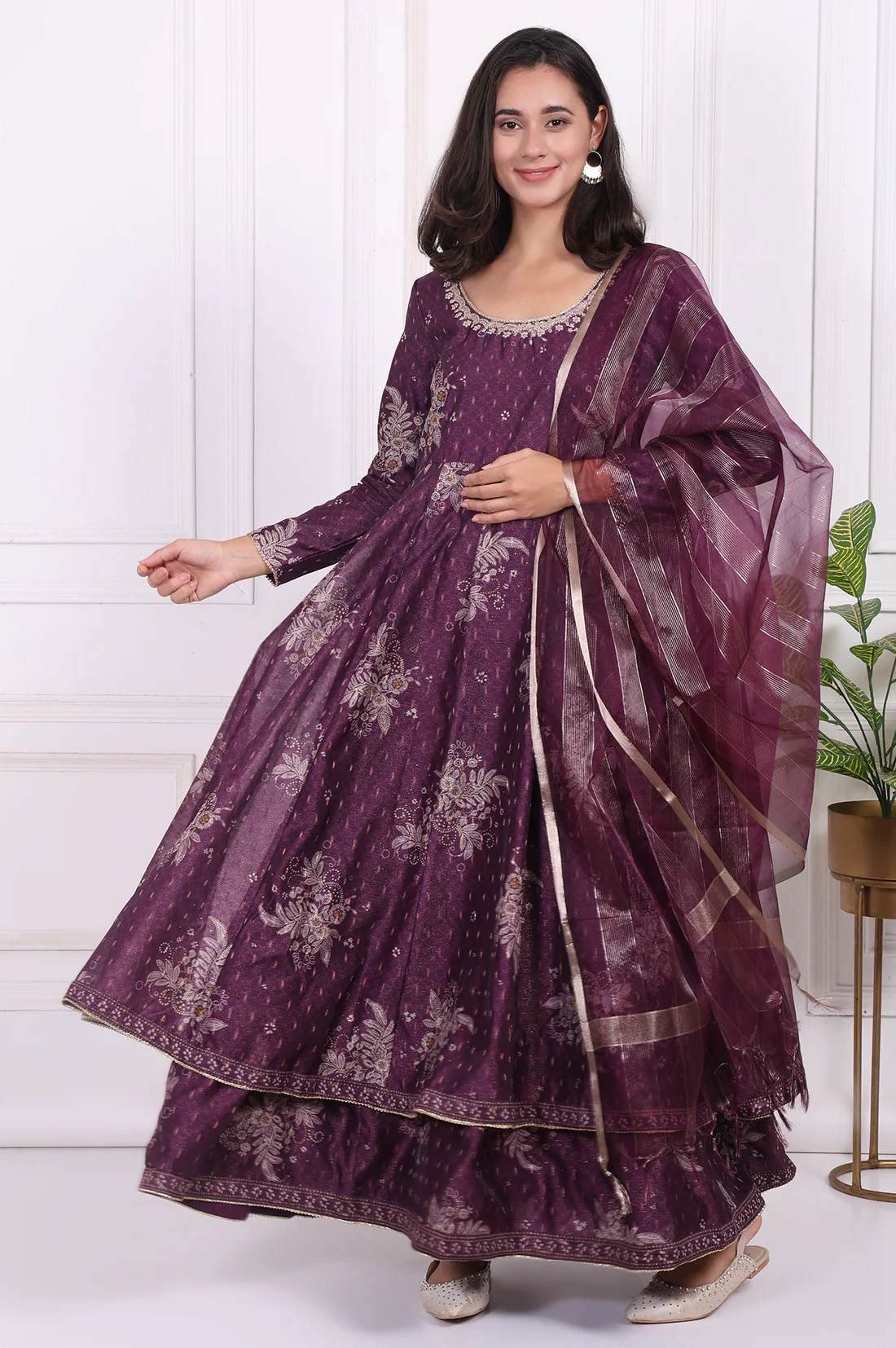 Purple Floral Printed Embroidered Anarkali Kurta
